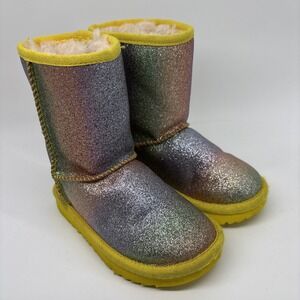 UGG Little Girl 10 Rainbow Glitter Yellow Trim Classic Short Shearling Fur Lined